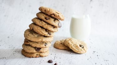 stapel koekjes met glas melk (bij deze webshops bestel je de lekkerste koekjes online)